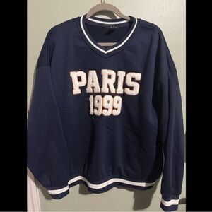 Justify Dark Blue V-Neck Men's Sweater with Paris 1999 Embroidery